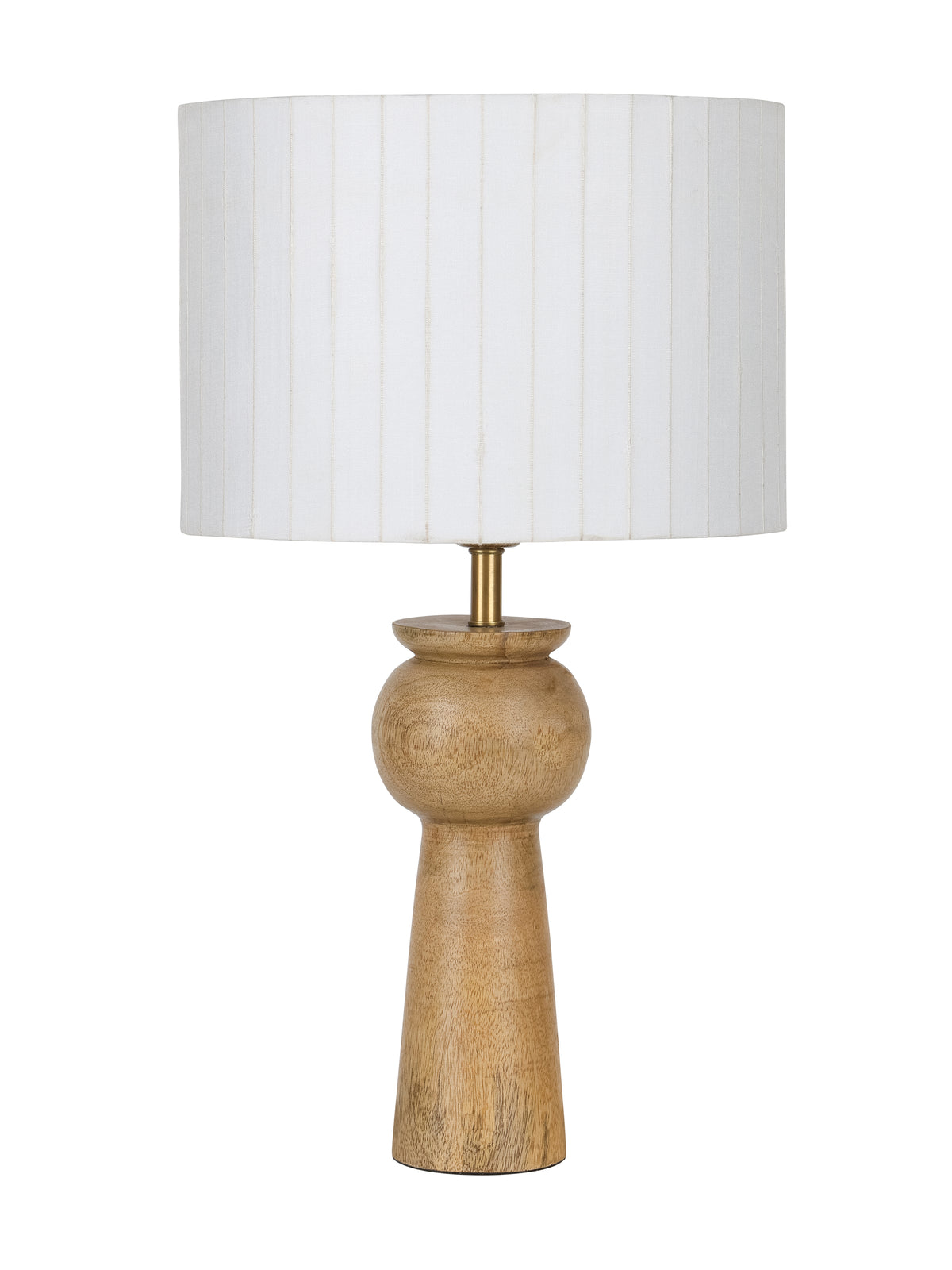 Table lamp on a white background with a tapered wooden base, rounded upper section, brass-tone fitting and broad white shade with fine vertical pleats.