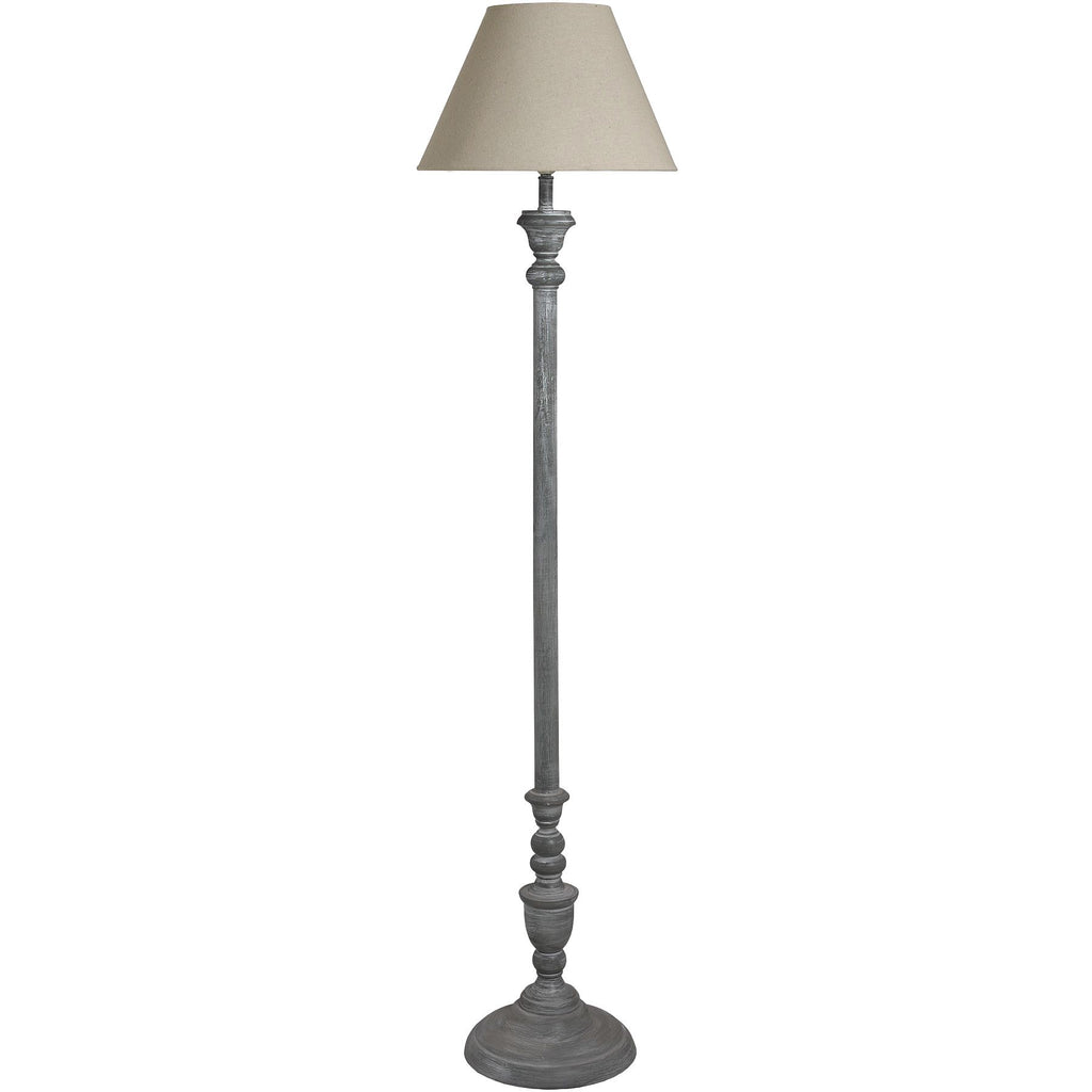 Turned Interval Floor Lamp with a pale tapered shade, slender grey stem, rounded decorative sections and circular foot on a white background.