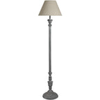 Turned Interval Floor Lamp with a pale tapered shade, slender grey stem, rounded decorative sections and circular foot on a white background.