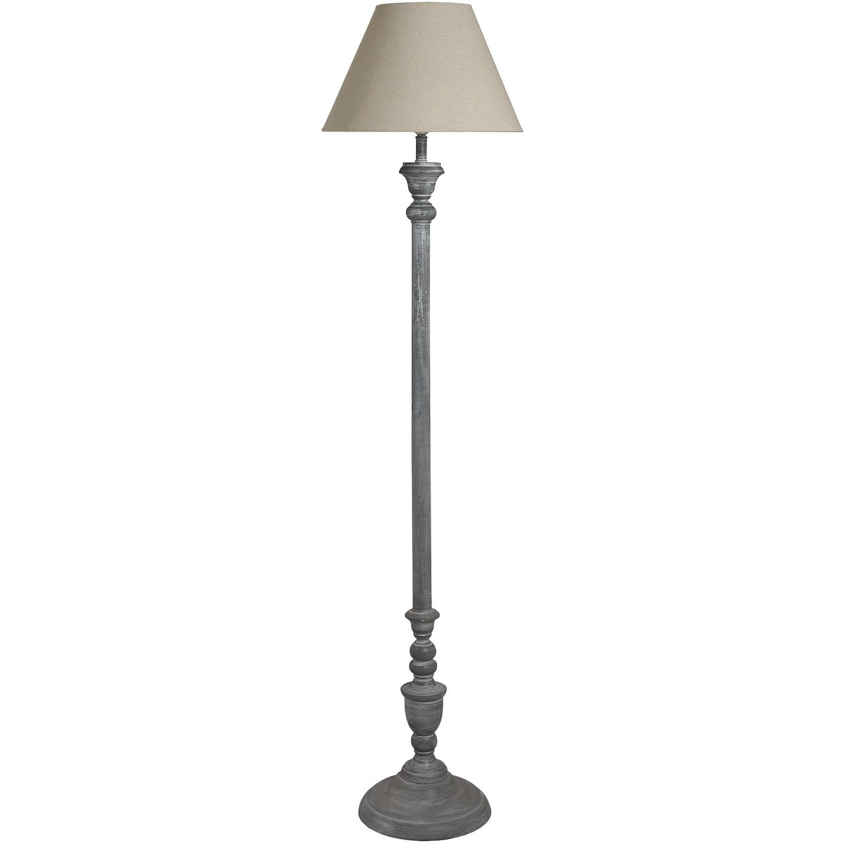 Turned Interval Floor Lamp with a pale tapered shade, slender grey stem, rounded decorative sections and circular foot on a white background.