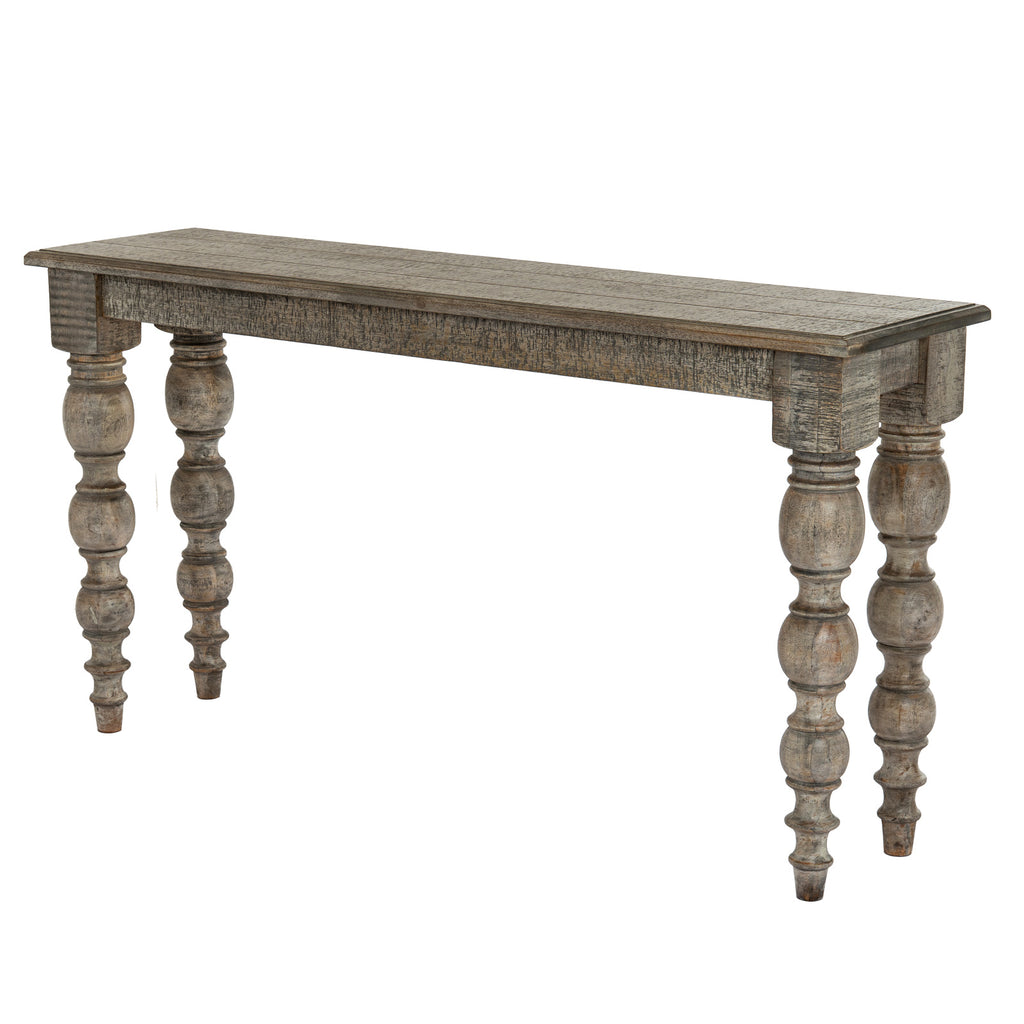 Turned Panel Console Table viewed at an angle, showing its long panelled top, straight apron and four rounded-profile legs against white.