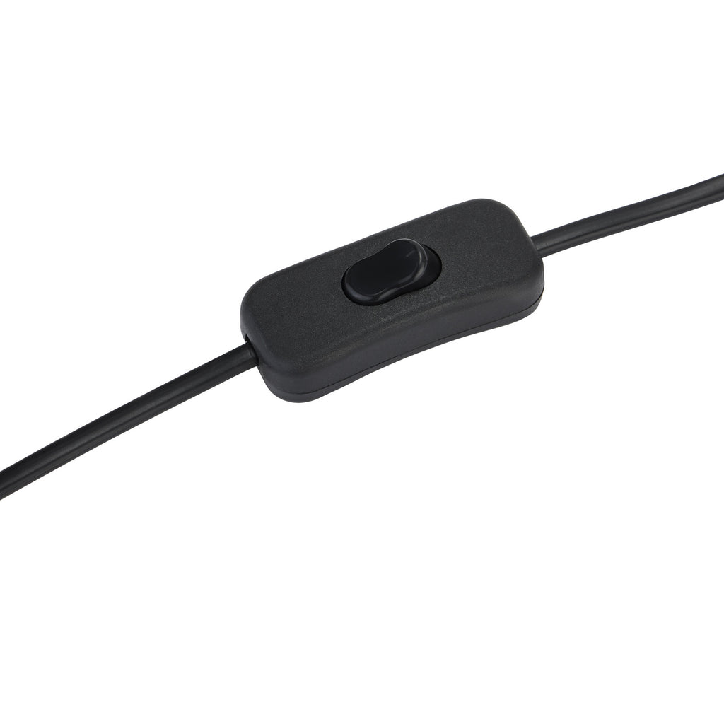 Close view of a black inline rocker switch on a black electrical cord, set diagonally against white.