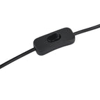 Close view of a black inline rocker switch on a black electrical cord, set diagonally against white.