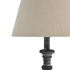 Close view of the pale shade's woven texture and the grey-washed rings and rounded contours at the top of the lamp column.