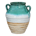 Turquoise Layerhandles Vase with two loop handles, rounded shoulders and pale ridged bands above a brown tapered base.