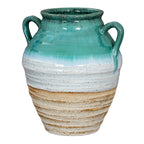 Turquoise Layerhandles Vase with two loop handles, rounded shoulders and pale ridged bands above a brown tapered base.