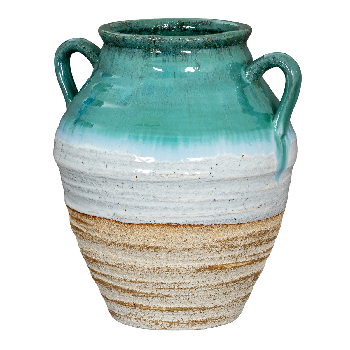 Turquoise Layerhandles Vase with two loop handles, rounded shoulders and pale ridged bands above a brown tapered base.