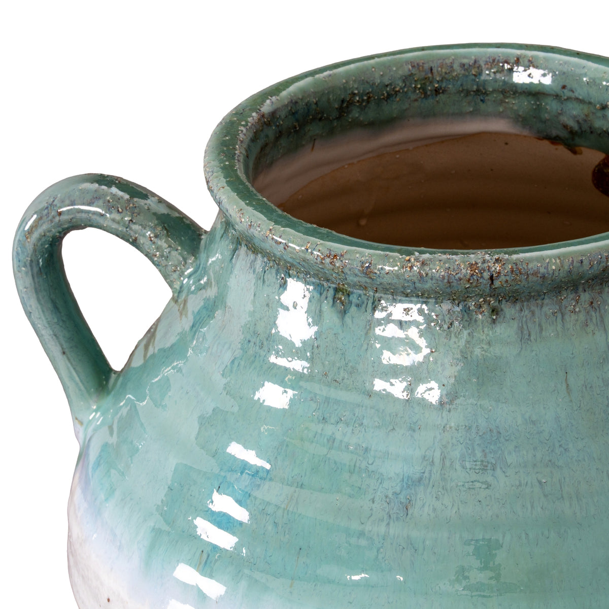Angled close-up of the vase opening, showing the rolled turquoise rim, brown interior and glossy left loop handle.