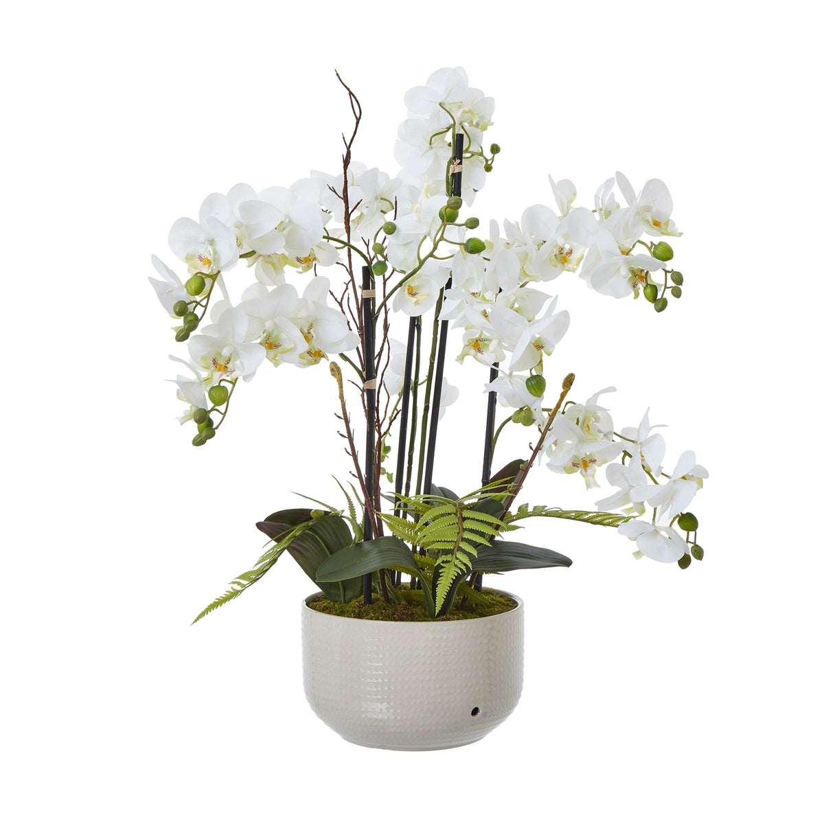 Full view of the artificial white orchid arrangement with branching flower sprays, green buds, brown twigs and layered foliage in a low off-white pot.