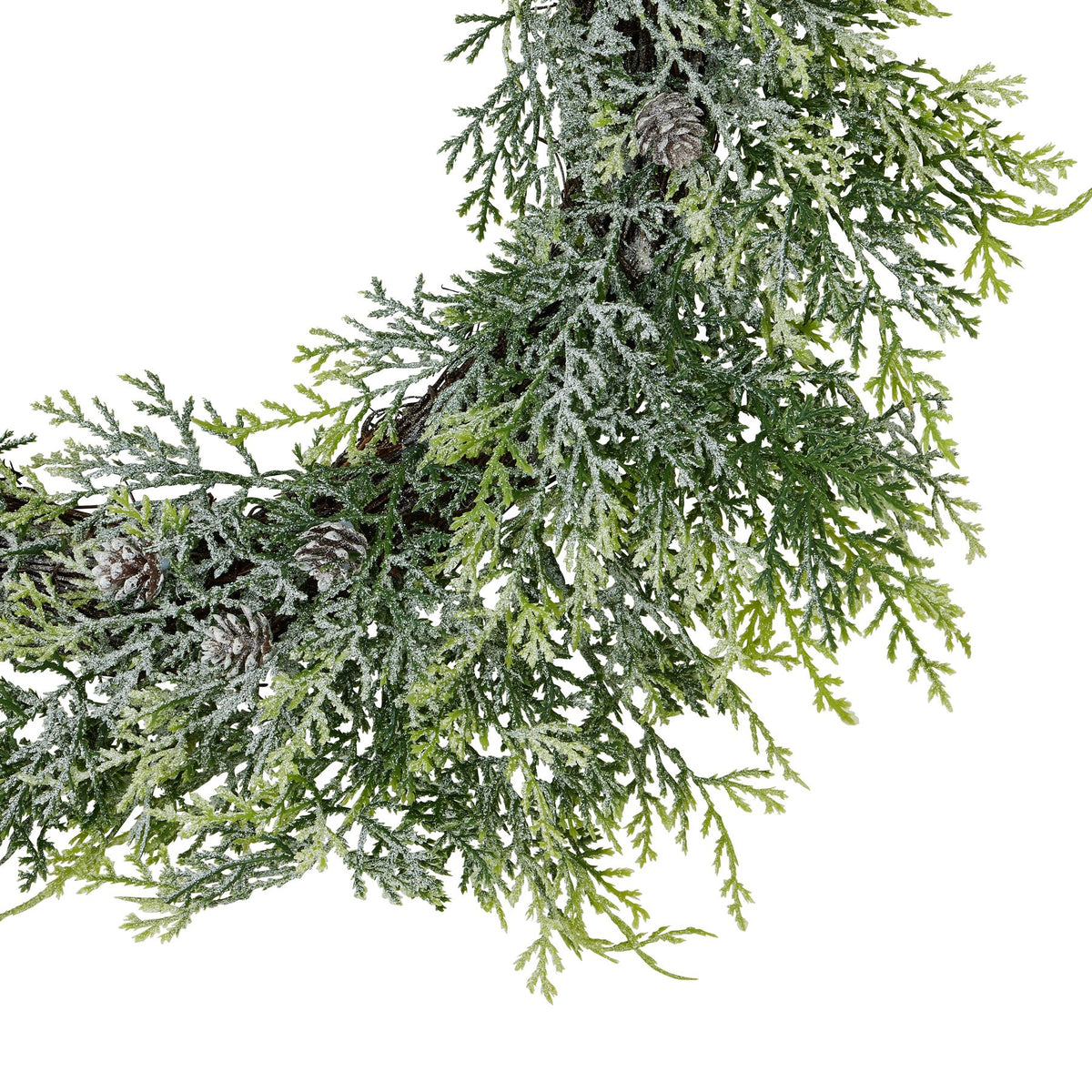 Close-up of white frosting across branching green foliage and brown pinecones, with the twig-like ring visible beneath.