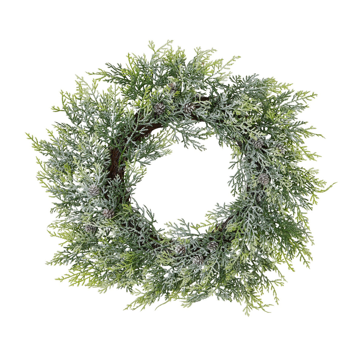 Full view of the circular artificial foliage wreath with frosted green sprays, small brown pinecones and an open centre against white.