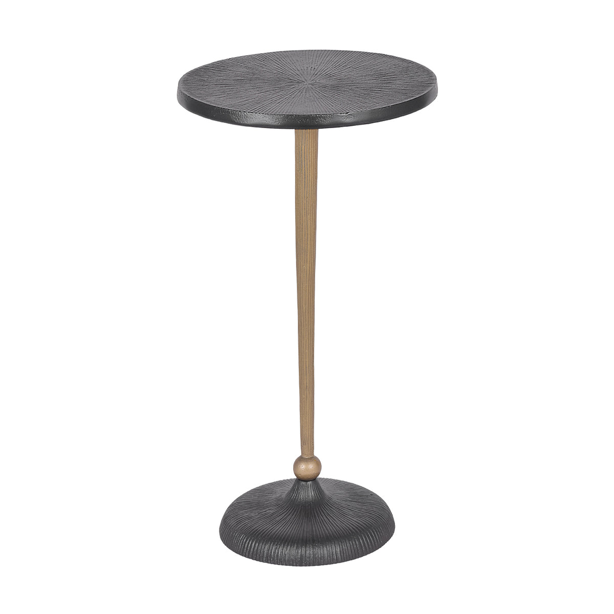 Angled view of one side table with a grooved dark bronze circular top, antique gold stem and domed base.