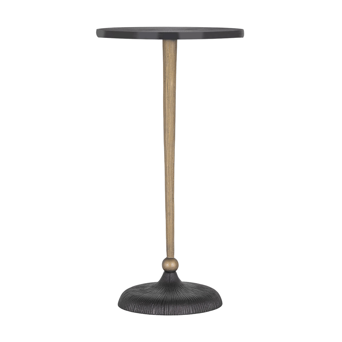 Front view of one side table showing the thin tabletop edge, fluted gold stem and spherical collar above the dark base.