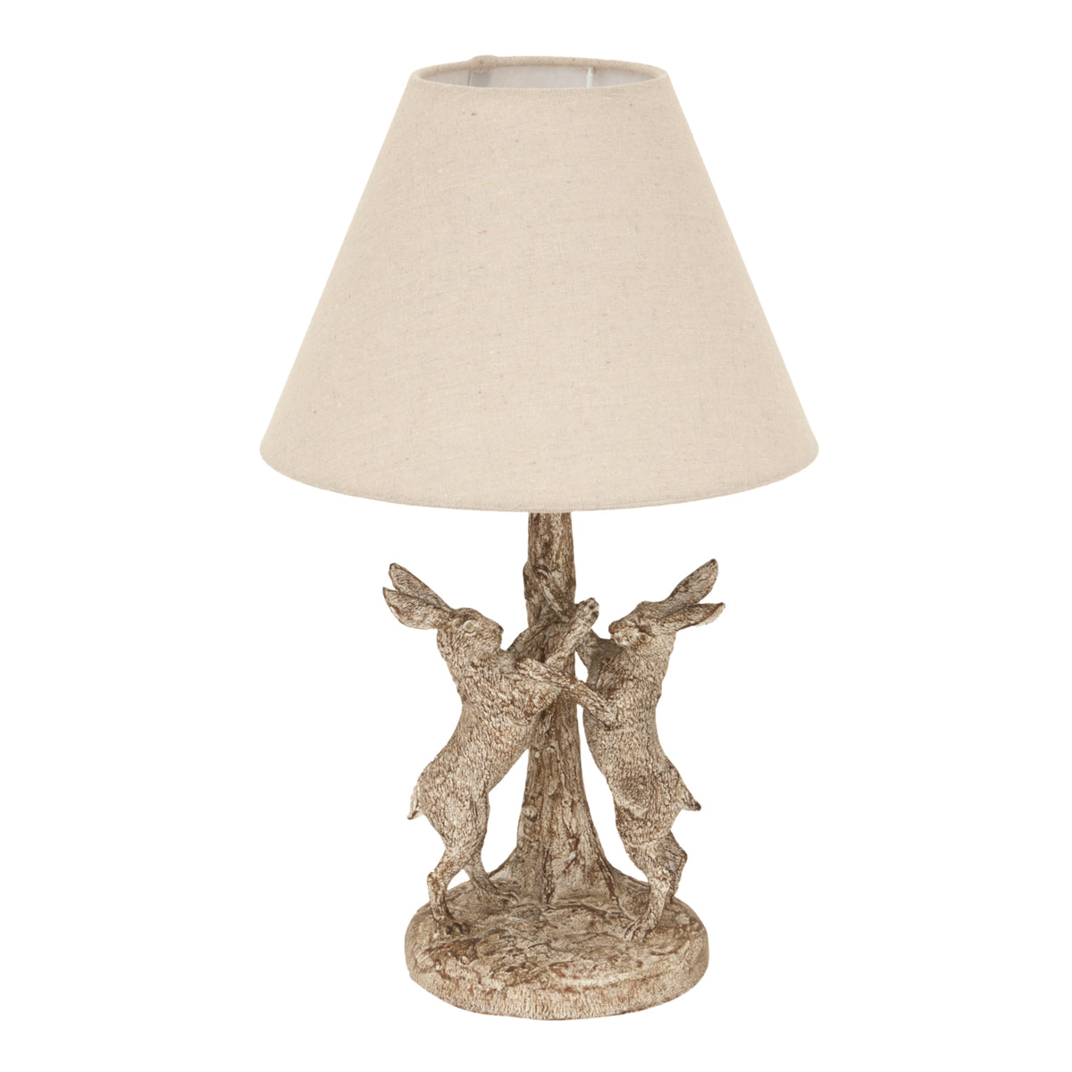 Twin Haretreestem Table Lamp with a cream tapered shade above two upright hares flanking a textured tree-like stem.