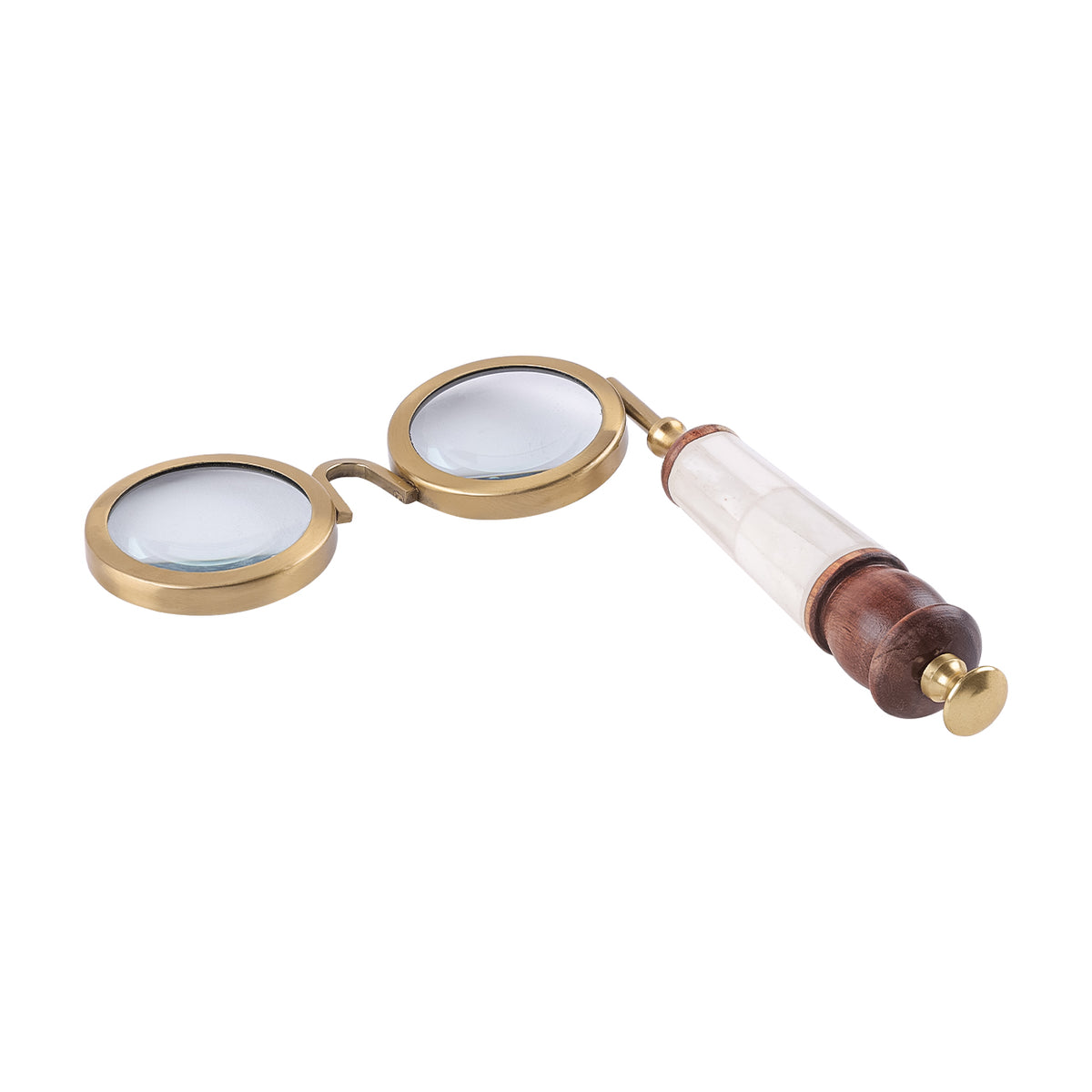 Magnifier lying diagonally on a white background, showing the depth of the twin lens frames and the shaped wooden handle end.