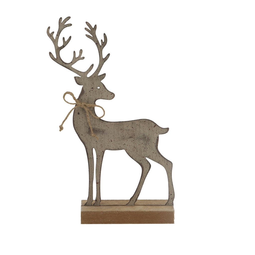 Front view of a grey-brown reindeer silhouette with tall branching antlers, a pale twine bow and a rectangular brown base.
