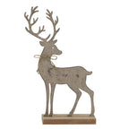 Side-on view of a grey-brown reindeer silhouette with branching antlers and a pale twine neck bow on a rectangular block base.