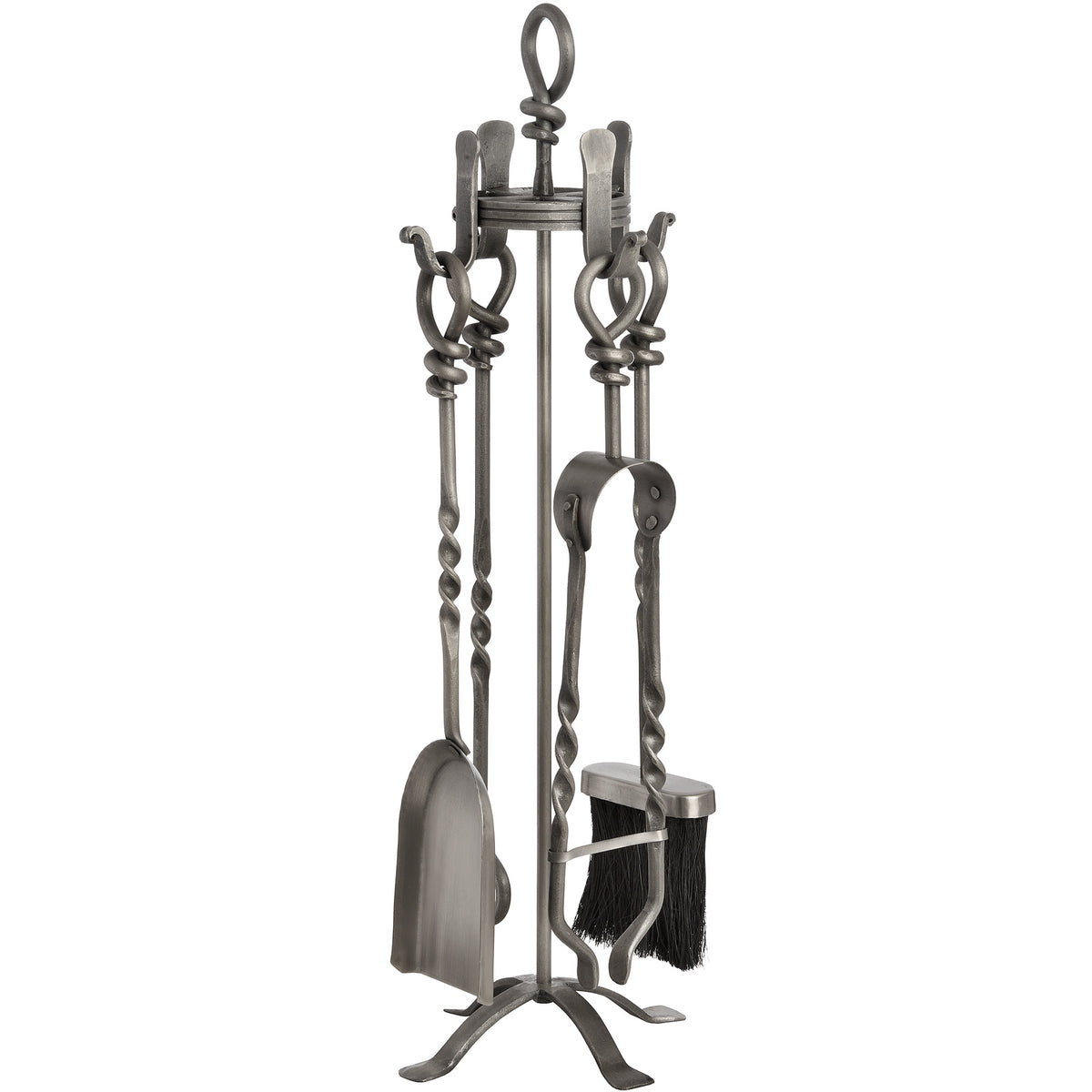 Alternate view of the fireplace tool stand showing the shovel on the left, tong-like implement on the right and twisted sections along the shafts.