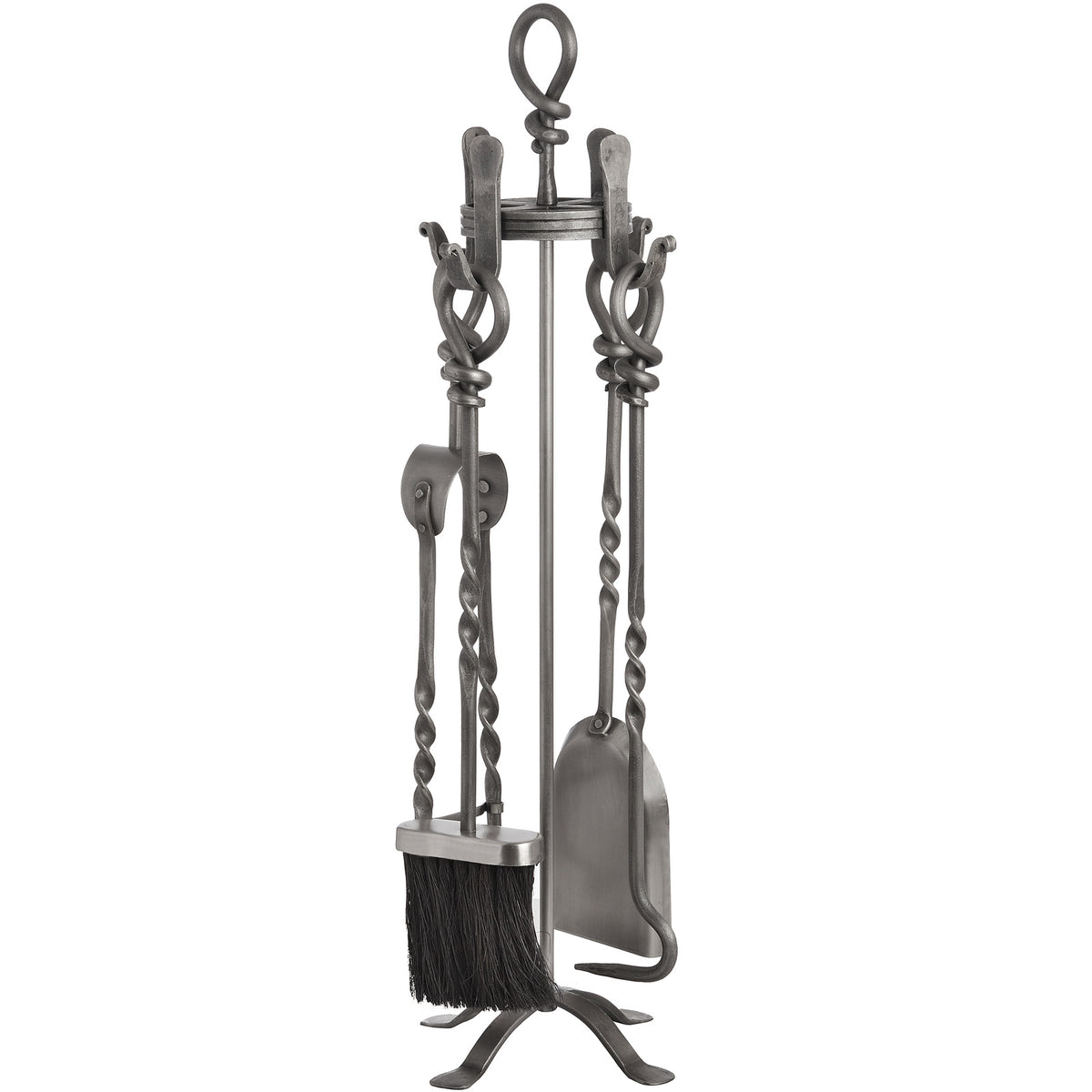 Grey fireplace tool set on four curved feet, with a black-bristled brush at the front and looped handles beneath a knot-shaped top.