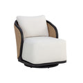 Three-quarter front view of a lounge chair with cream seat and back cushions, tan woven barrel sides and a black frame on a circular swivel base.