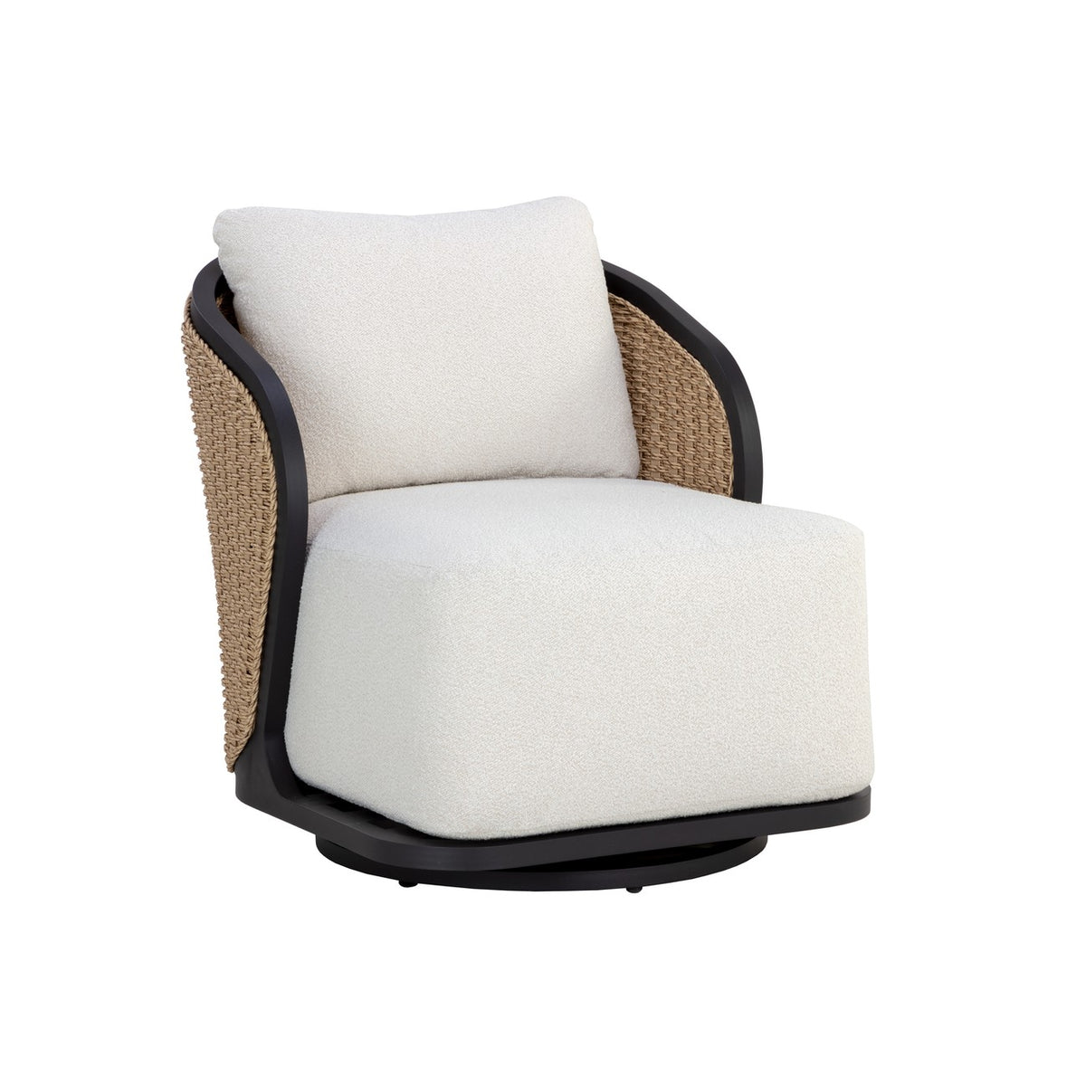Three-quarter front view of a lounge chair with cream seat and back cushions, tan woven barrel sides and a black frame on a circular swivel base.