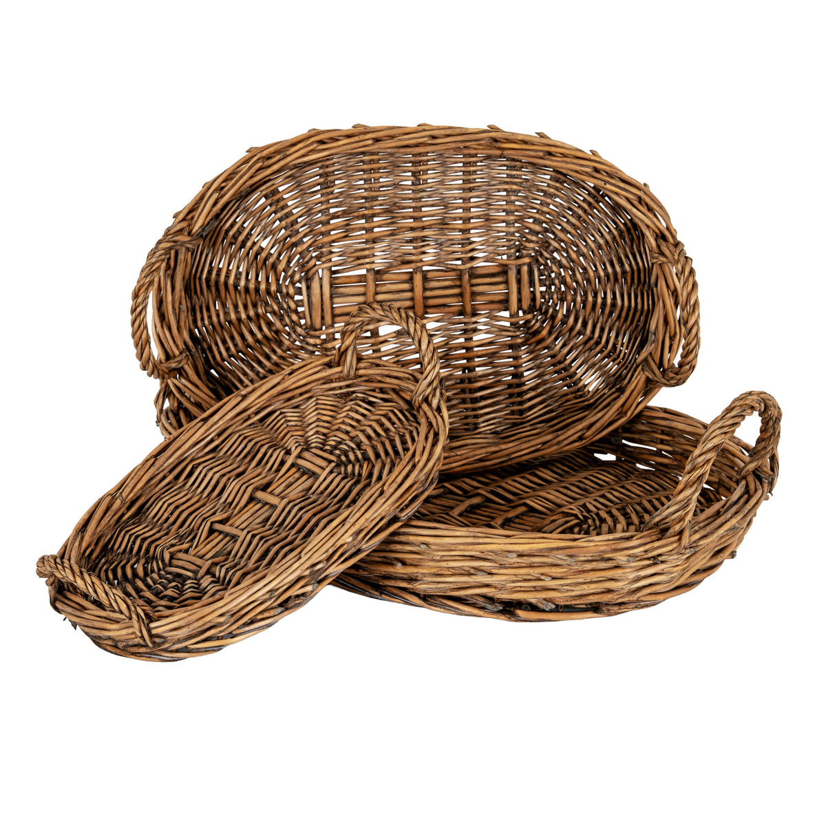 Three brown oval woven trays arranged together on white, showing shallow sides, patterned bases, thick twisted rims and loop handles.