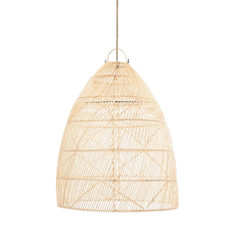Natural rattan Twister pendant light with a tall open woven shade on a white background.