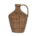 Brown woven jug vase on a white background, with a short neck, rounded shoulder, tapering body and twisted loop handle on the right.
