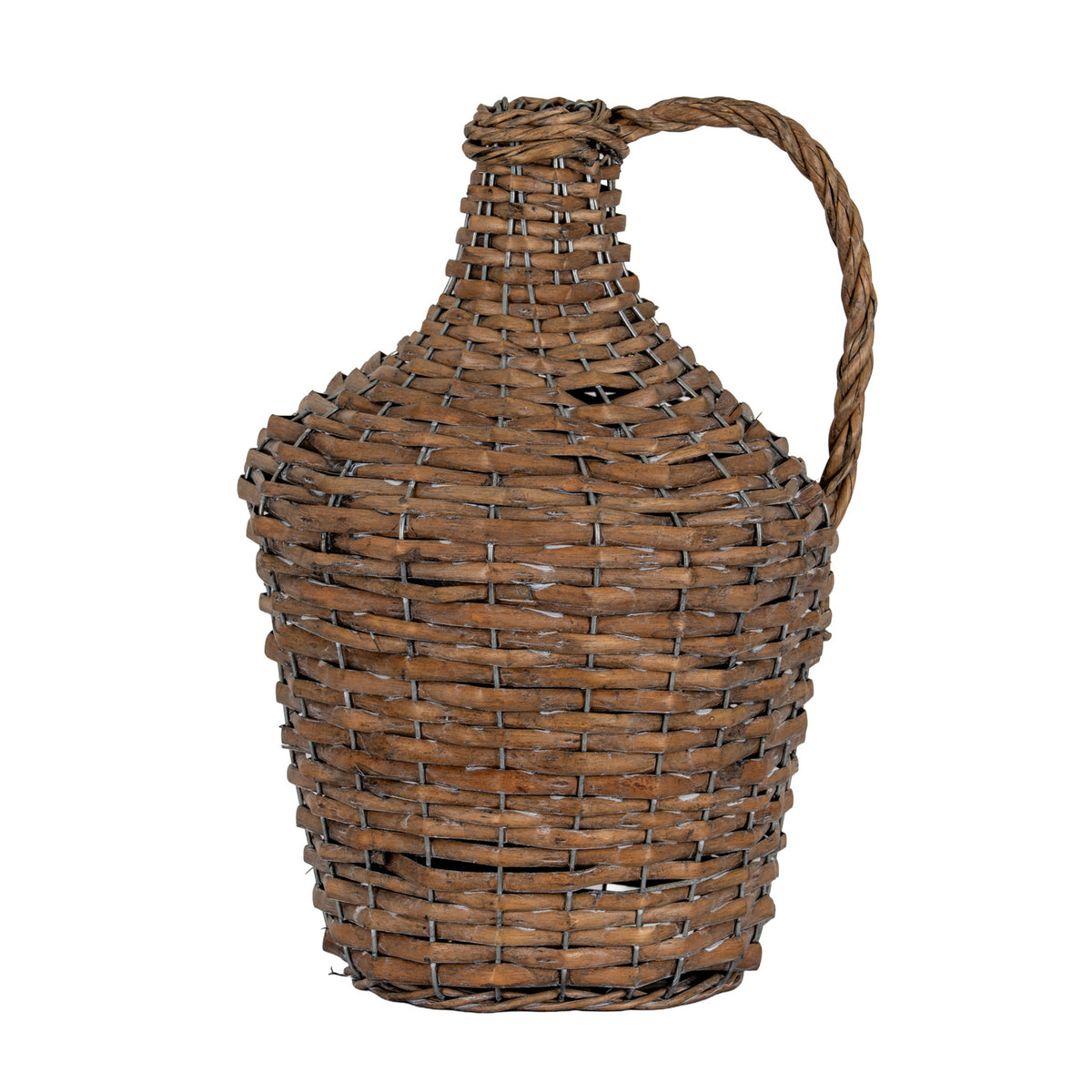 Brown woven jug vase with a rounded shoulder, narrow neck, tapered base and tall twisted handle on the right, shown against white.
