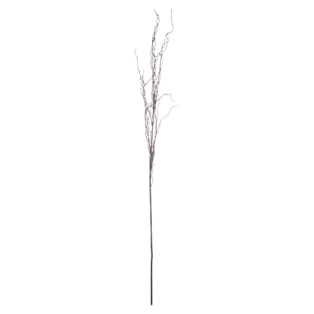 Full view of a dark-brown artificial twig spray with a long straight lower stem and slender curling branches against white.