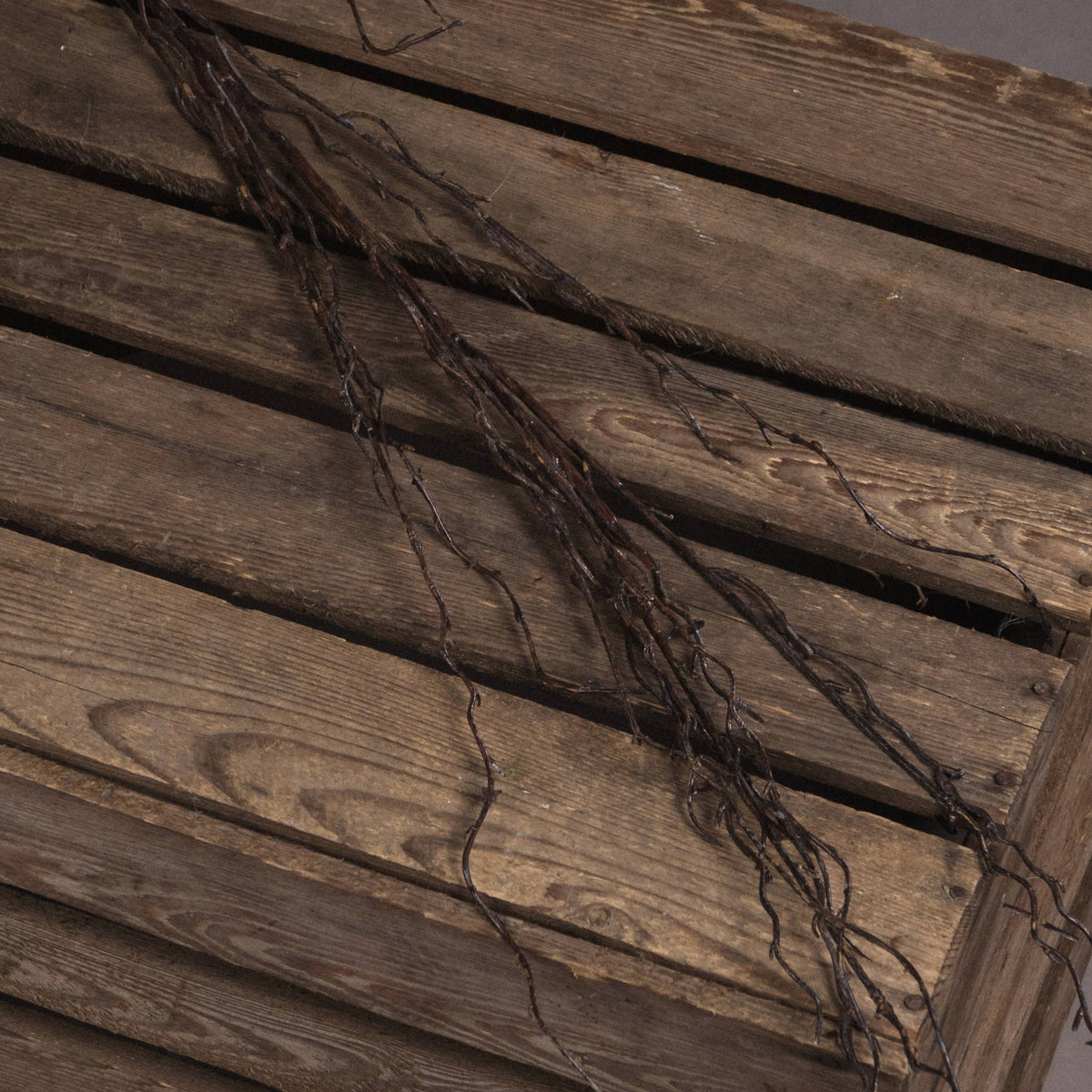Close view of twisting dark-brown twiglets laid diagonally across wooden slats, showing ridged surfaces and small branching details.