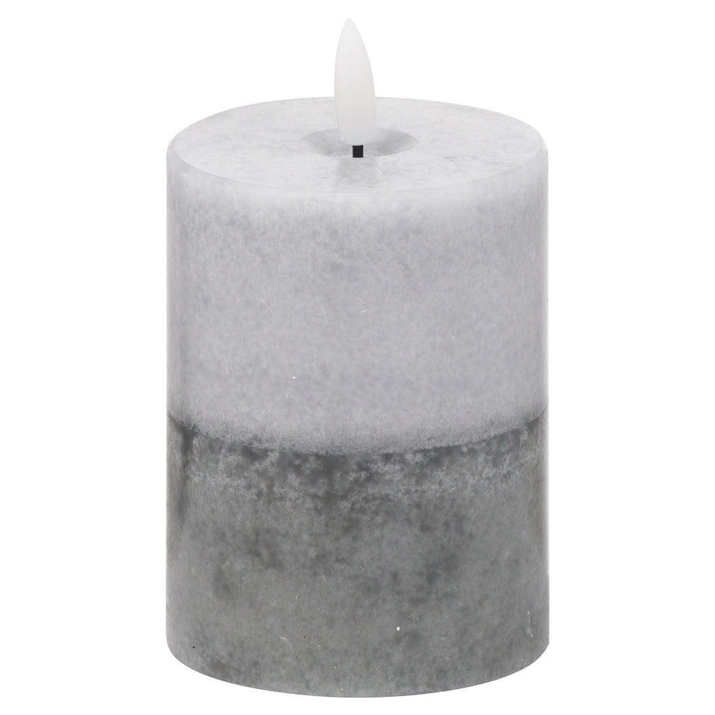 Short cylindrical LED candle on a white background, with a pale mottled upper half, darker grey lower half and white flame-shaped tip.
