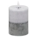 Short cylindrical LED candle on a white background, with a pale mottled upper half, darker grey lower half and white flame-shaped tip.