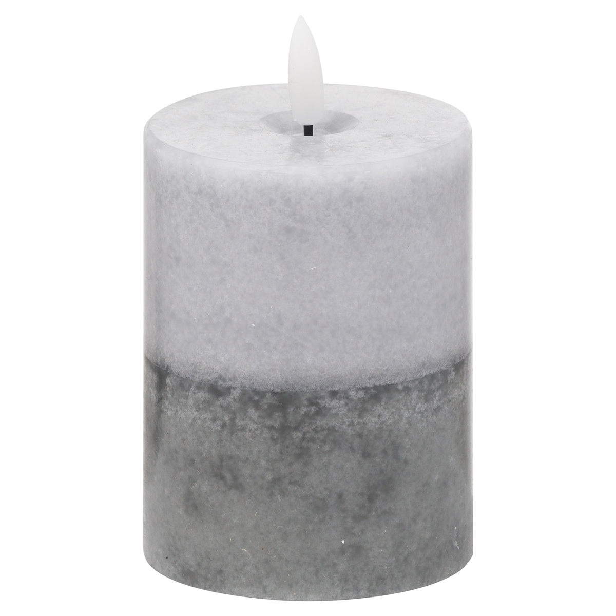Short cylindrical LED candle on a white background, with a pale mottled upper half, darker grey lower half and white flame-shaped tip.