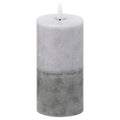 Grey cylindrical LED candle on a white background, showing pale mottling above a darker grey lower section and a white flame-shaped element.