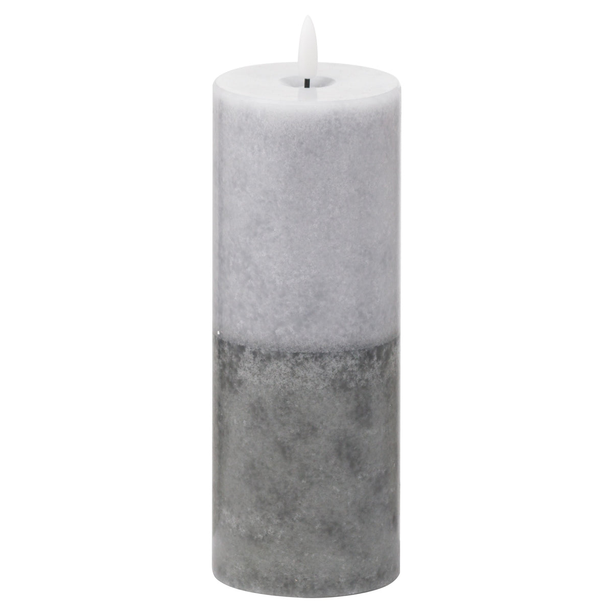 Tall cylindrical LED candle with pale grey-white mottling above a darker grey base and a white flame-shaped element, against a white background.