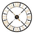 Front view of a circular open wall clock with black rings and diagonal braces, gold-tone Roman numerals and ornate hands.