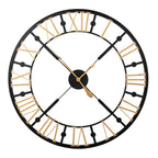 Front view of a circular open wall clock with black rings and diagonal braces, gold-tone Roman numerals and ornate hands.