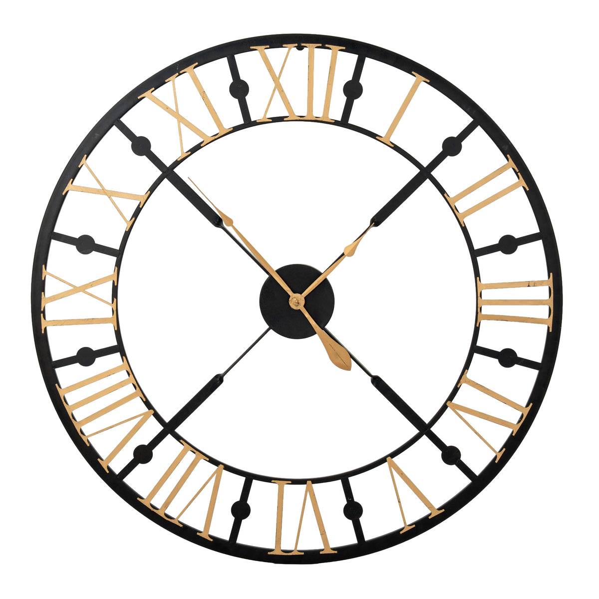 Front view of a circular open wall clock with black rings and diagonal braces, gold-tone Roman numerals and ornate hands.
