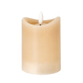 Taupe cylindrical LED candle on a white background, showing its uneven concave rim, recessed top and central white flame-shaped element.
