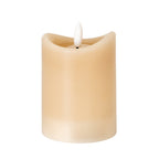 Taupe cylindrical LED candle on a white background, showing its uneven concave rim, recessed top and central white flame-shaped element.