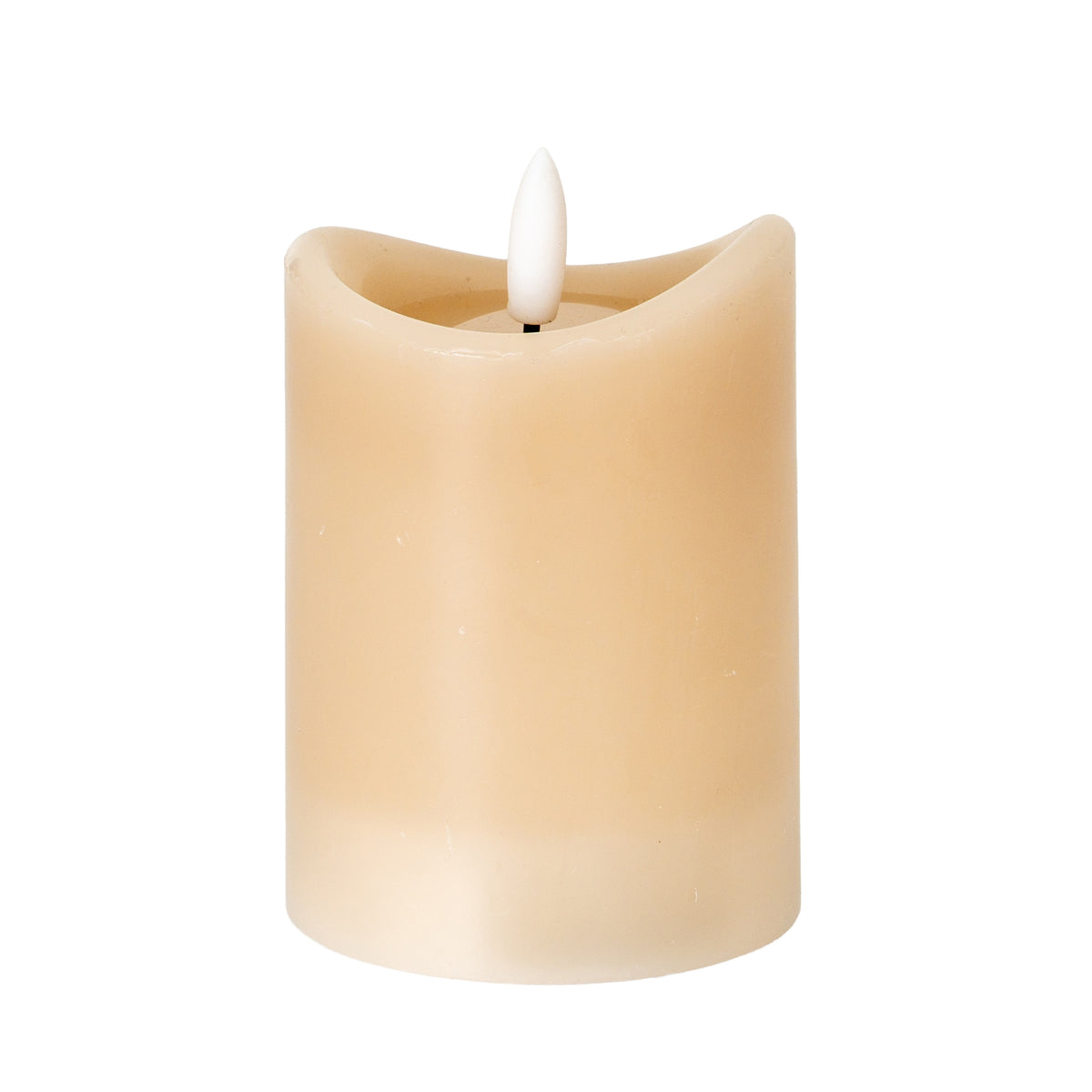 Taupe cylindrical LED candle on a white background, showing its uneven concave rim, recessed top and central white flame-shaped element.