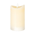 Cream cylindrical LED candle on a white background, showing its uneven concave rim, recessed top and central white flame-shaped element.