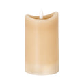 Taupe cylindrical LED candle on a white background, showing its uneven concave rim, recessed top and white flame-shaped detail.