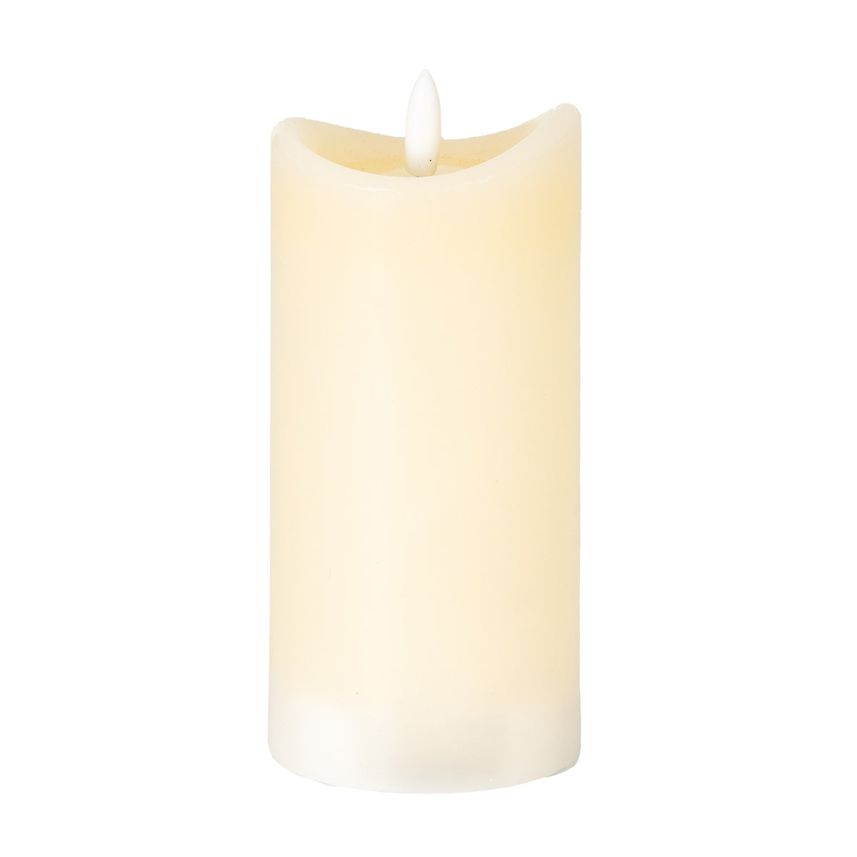 Cream cylindrical LED candle on a white background, with an uneven concave rim and a white flame-shaped detail above the recessed top.