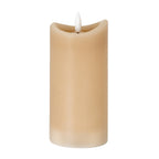 Taupe cylindrical LED candle on a white background, with an uneven concave rim and white flame-shaped detail above the recessed top.