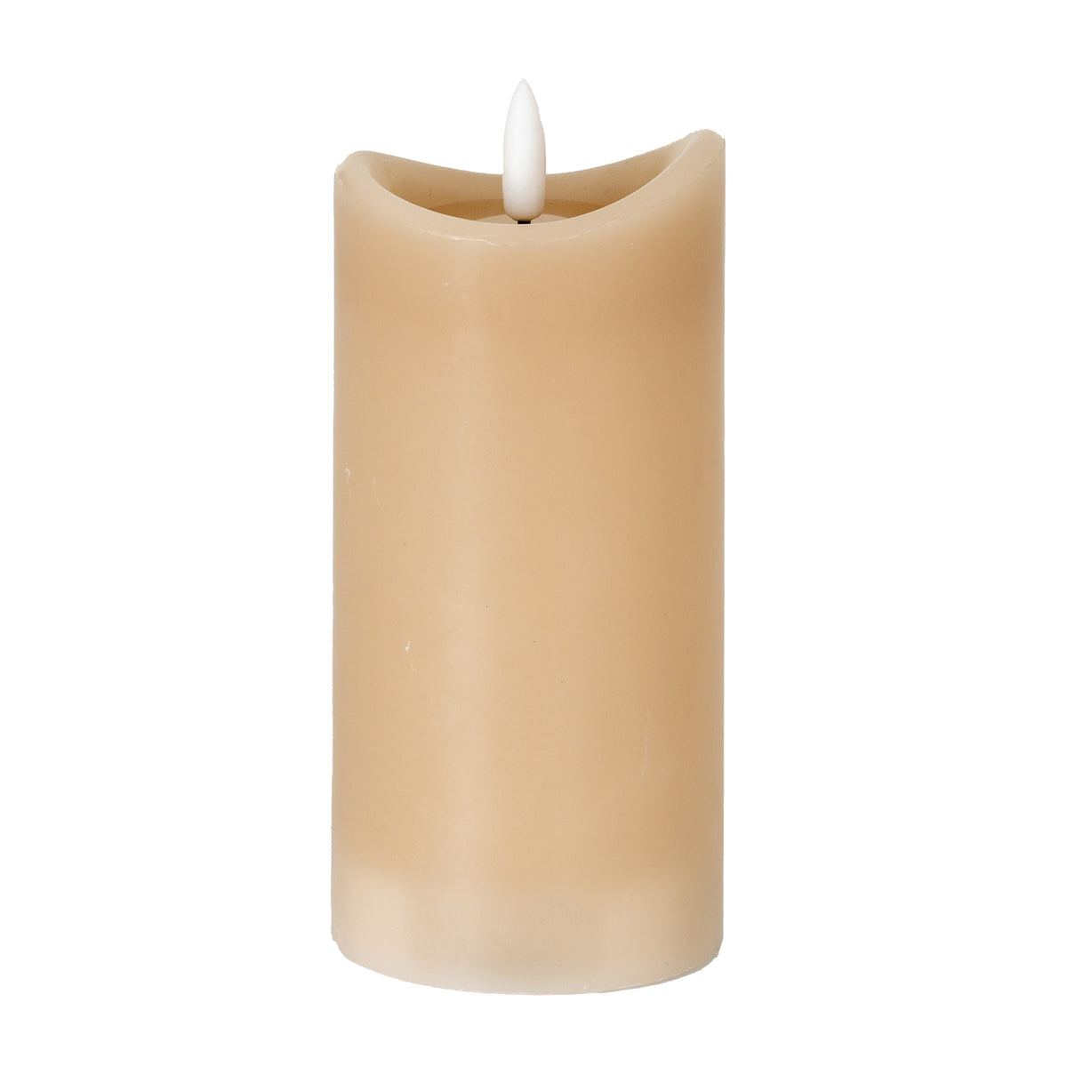 Taupe cylindrical LED candle on a white background, with an uneven concave rim and white flame-shaped detail above the recessed top.