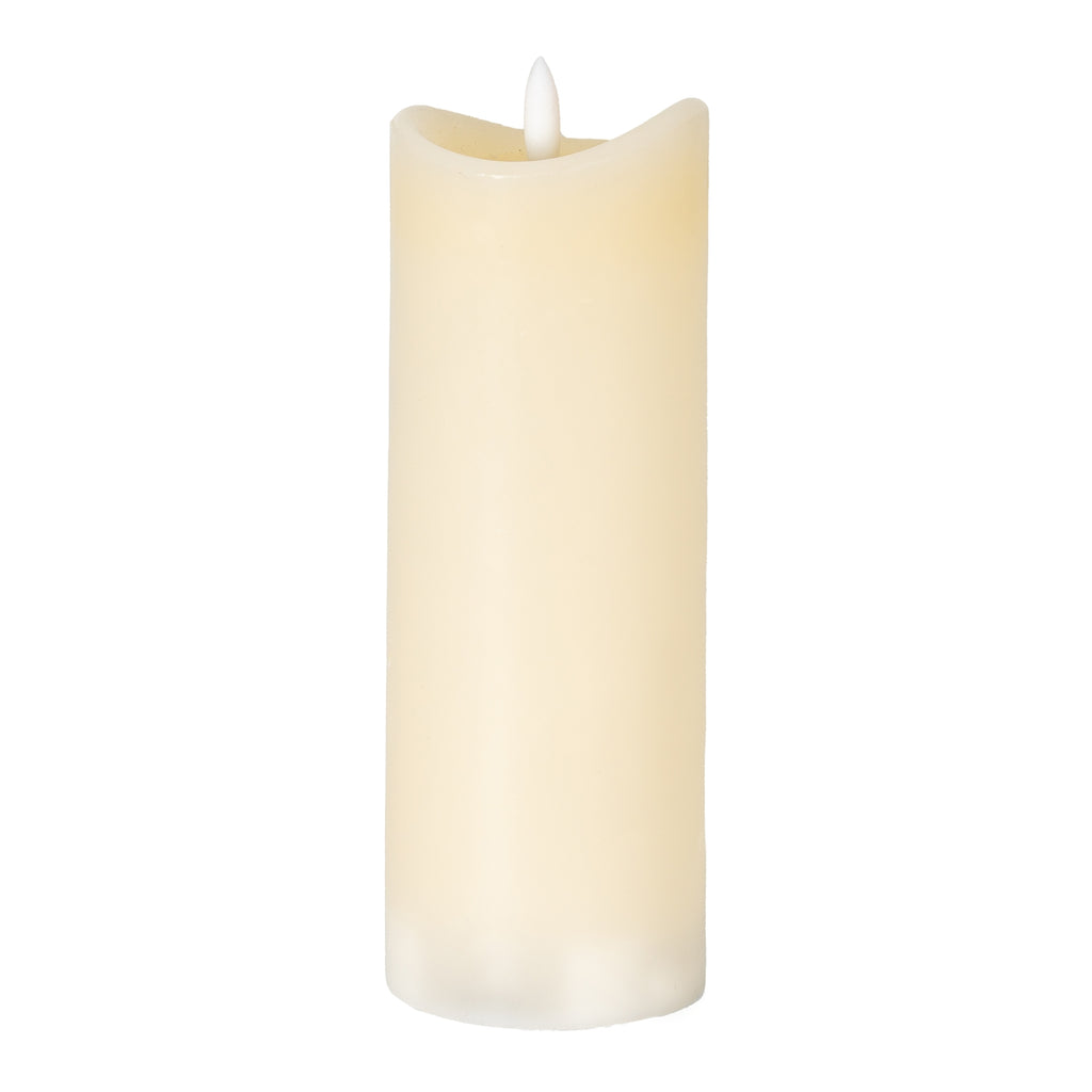 Tall cream LED candle against a white background, with an uneven concave rim and white flame-shaped centre.