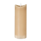 Tall taupe LED candle on a white background, with an uneven concave rim and white flame-shaped element above the recessed top.