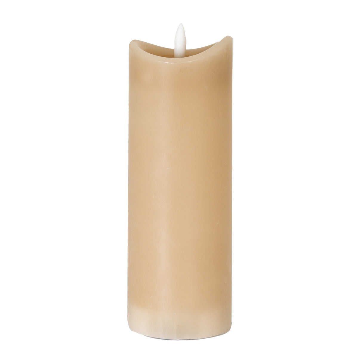 Tall taupe LED candle on a white background, with an uneven concave rim and white flame-shaped element above the recessed top.